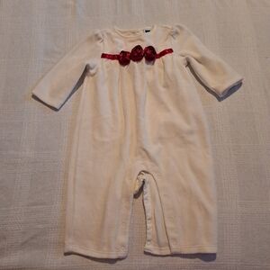 Janie and Jack size 3-6 months white velour romper with red ribbon flowers, VGUC